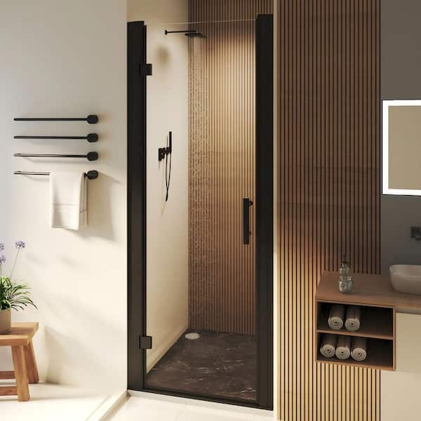 28 to 30 in. W x 72 in. H Pivot Swing Frameless Shower Door in Black with Clear Glass
