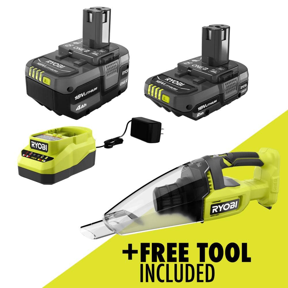 RYOBI ONE+ 18V Lithium-Ion Kit with 2.0 Ah and 4.0 Ah Batteries, Charger, and Free ONE+ 18V Cordless Multi-Surface Hand Vacuum