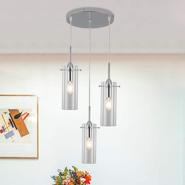 3-Light Chrome Rustic Pendant Design Hanging Chandelier Lighting with Glass Shade for Kitchen Island