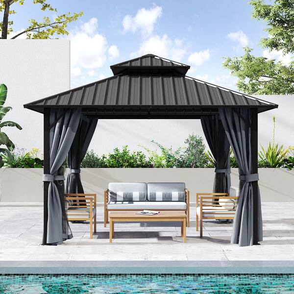 EGEIROSLIFE 12 ft. x 12 ft. Gray Double Roof Hardtop Patio Gazebo