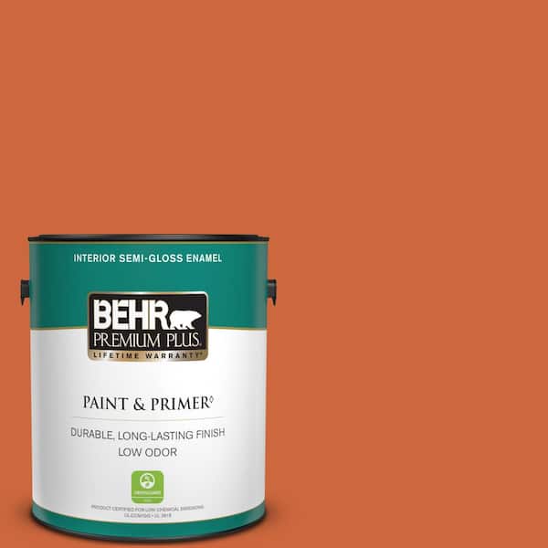 BEHR PREMIUM PLUS 1 gal. #S-H-250 Pumpkin Patch Semi-Gloss Enamel Low Odor Interior Paint & Primer