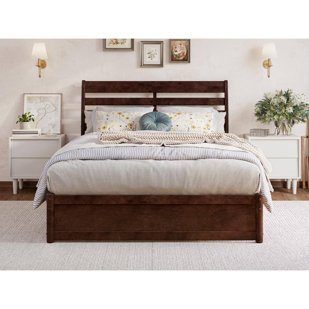 Emelie Full Walnut Wood Platform Bed with Storage Drawers