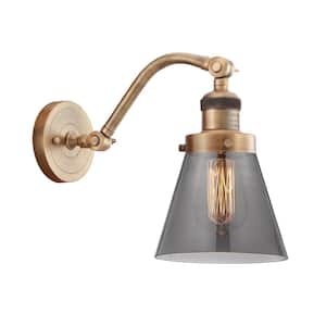 Cone 6.5 in. 1-Light Brushed Brass Wall Sconce with Plated Smoke Glass Shade