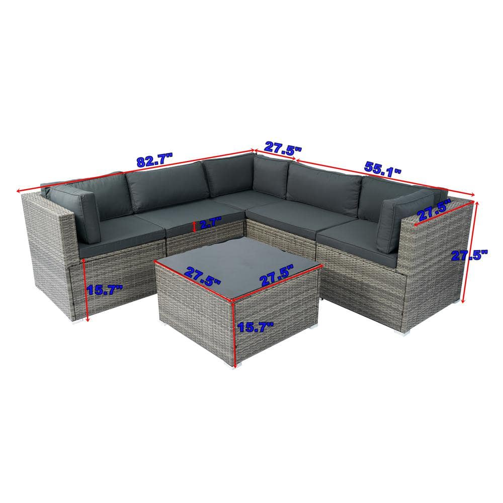 6-Piece Gray PE Rattan Wicker Outdoor Sectional Sofa Set with Dark Grey Cushions