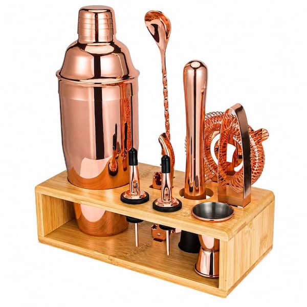 10-Piece Rose Gold Cocktail Shaker Set with Bamboo Stand, 18/8 Stainless Steel Bartender Mixology Kit