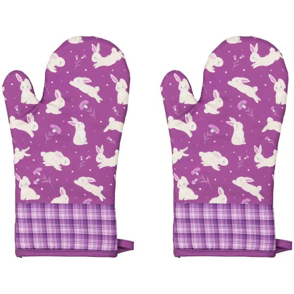 Hopping Bunnies Plaid Easter Kitchen Oven Mitts-13.75 in.-Purple-Set of 2