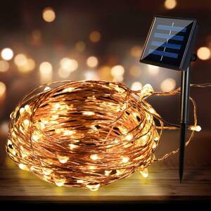 Outdoor 33 ft. Solar Mini Bulb 100 Integrated LED Copper Wire String Light with Warm Color