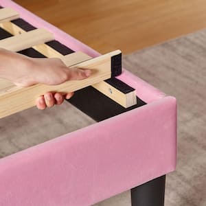Upholstered Bed Pink Metal Frame Twin Platform Bed with Headboard Wood Slat Support