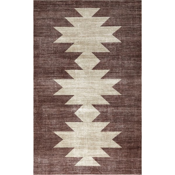 Peyton Minimalist Geometric Totem Non-Slip Machine-Washable Brown/Cream 9 ft. x 12 ft. Area Rug