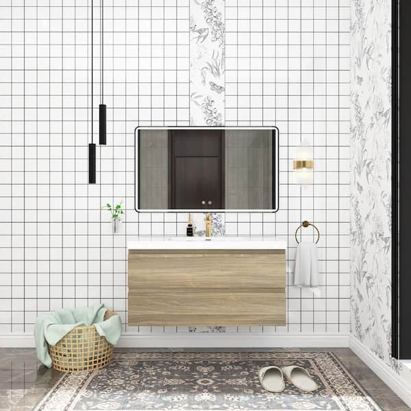 Unbranded 42 in. W x 20 in. D Single Sink Wall-Mounted Bathroom Vanity in Ash Grey with Glossy White Resin Top