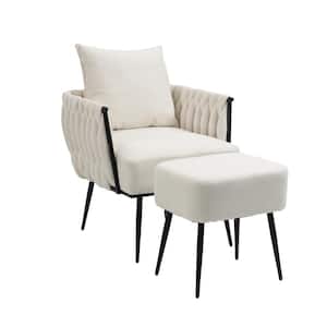 Modern Beige Linen Accent Chair with Ottoman with Metal Frame