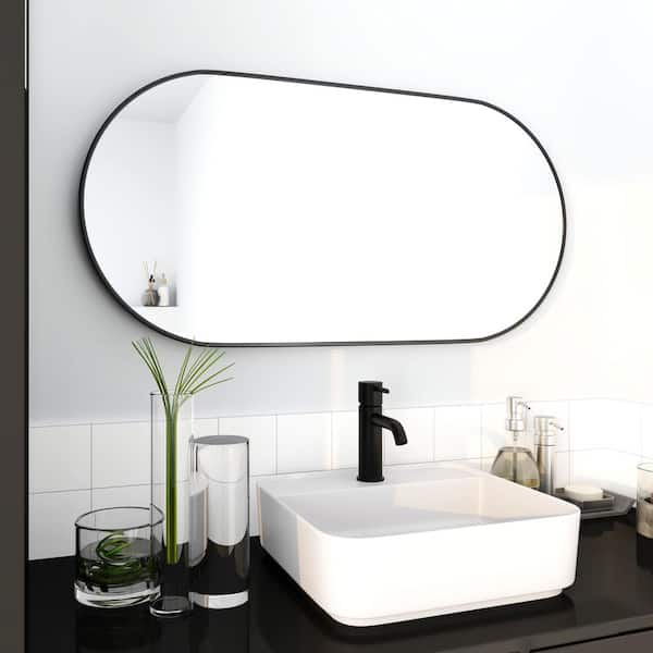 Unbranded 17.7 in. W x 35.4 in. H Oval Framed Wall Decorative Bathroom Vanity Mirror in Matte Black
