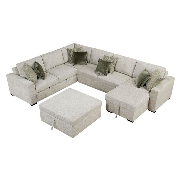 Deleon 140 in. Straight Arm 5-Piece Microfiber Sectional Sofa with Reversible Chaise, Pull-out Bed and Ottoman in Sand