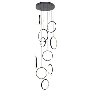 10-Lights Dimmable Integrated LED Black Rings Chandelier for Stairs Entryway High Ceiling Pendant Light