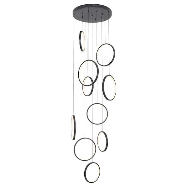 UMEILUCE 10-Lights Dimmable Integrated LED Black Rings Chandelier for Stairs Entryway High Ceiling Pendant Light
