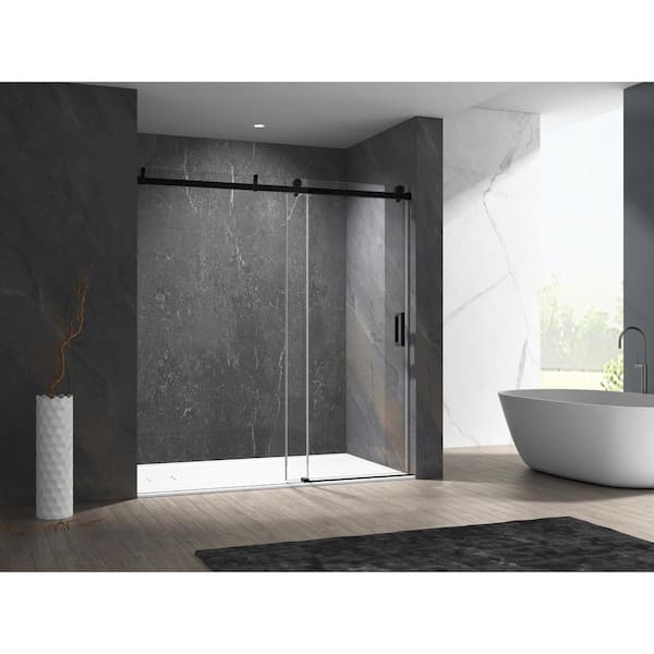 MCOCOD 60 in. W x 76 in. H Single Sliding Frameless Shower Door in Matte Black with Soft-closing and 3/8 in. (10 mm) Glass