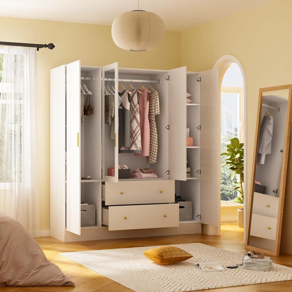 White 4-Door Armoires with Mirror, 2 Hanging Rods, 2-Drawers and Storage Shelves (19.7 in. D x 63 in. W x 70.9 in. H) - thumbnail 2