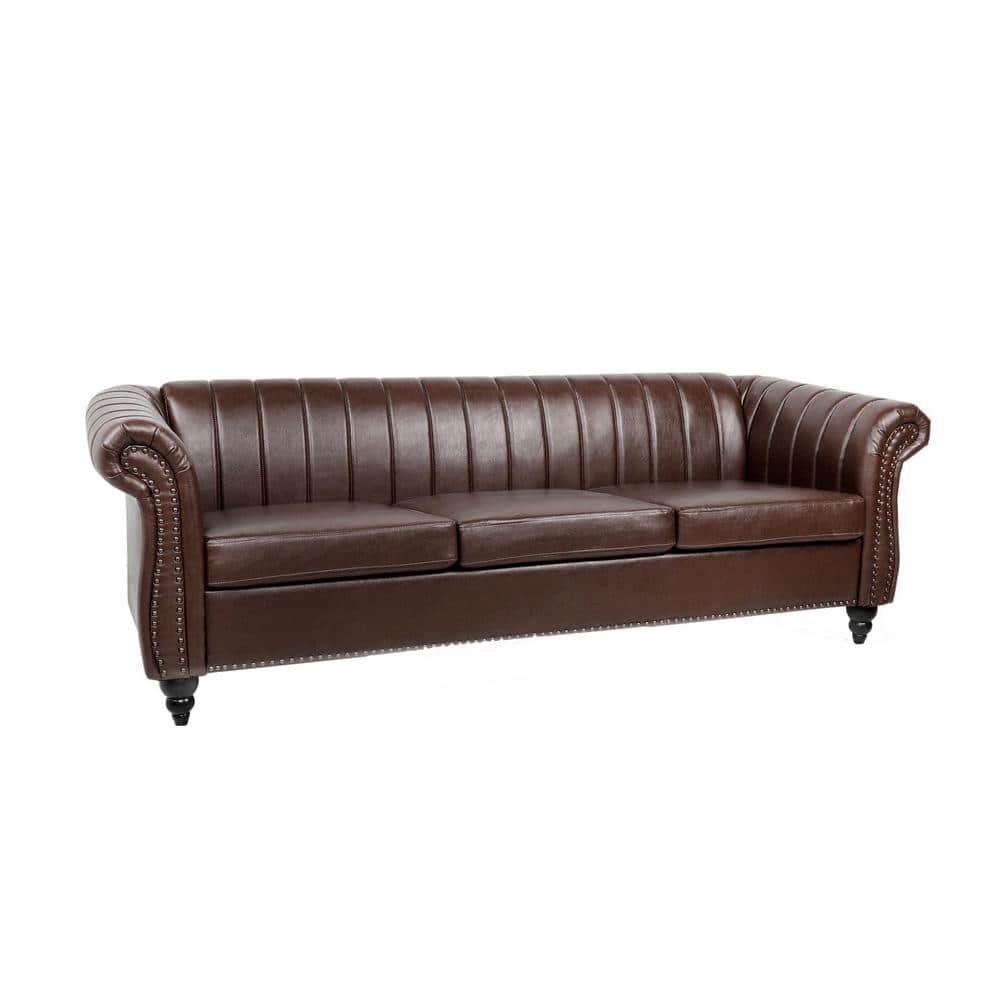 83.46 in. Rolled Arm Faux Leather Chesterfield 3-Seater Rectangle Sofa with Reversible Cushions in Dark Brown