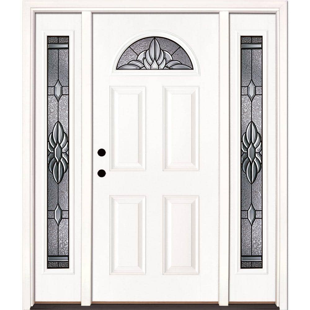 Feather River Doors 63.5 in. x 81.625 in. Sapphire Patina Fan Lite Unfinished Smooth Right-Hand Fiberglass Prehung Front Door with Sidelites, Smooth White: Ready to Paint -  4H3191-3A4
