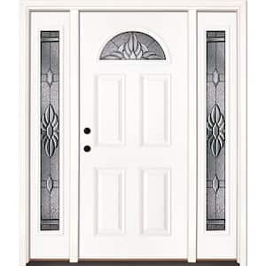 63.5 in. x 81.625 in. Sapphire Patina Fan Lite Unfinished Smooth Right-Hand Fiberglass Prehung Front Door with Sidelites