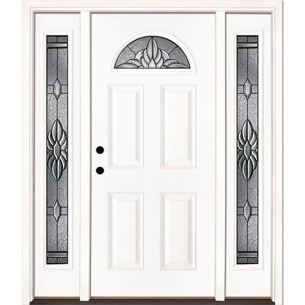 Feather River Doors 67.5 in. x 81.625 in. Sapphire Patina Fan Lite Unfinished Smooth Right-Hand Fiberglass Prehung Front Door with Sidelites