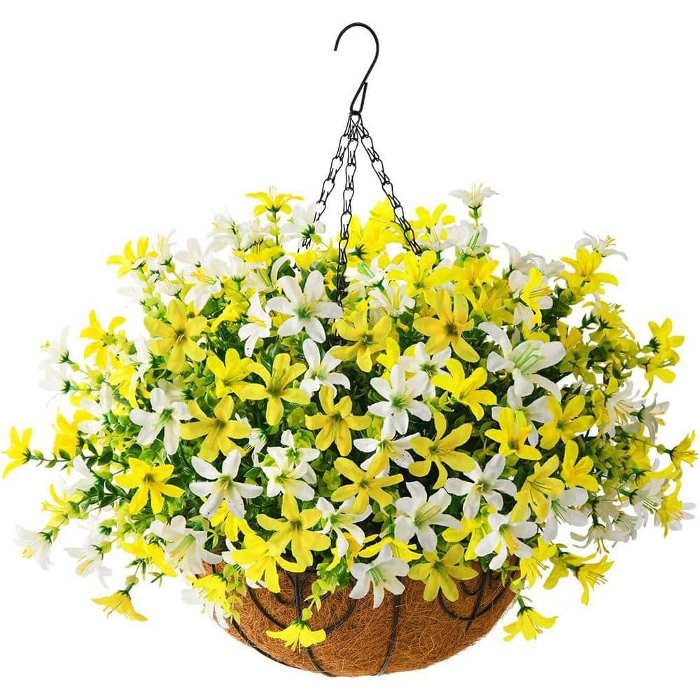 19.7 in. White Yellow Outdoor Artificial Hanging Violet Flowers in Brown Ba