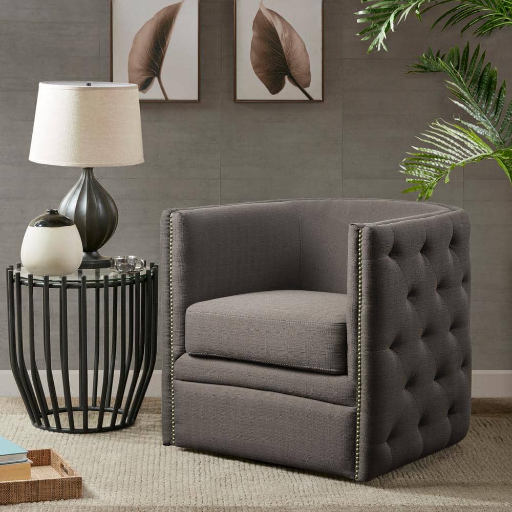 Grayson Barrel Swivel Accent Chair in Gray Leather