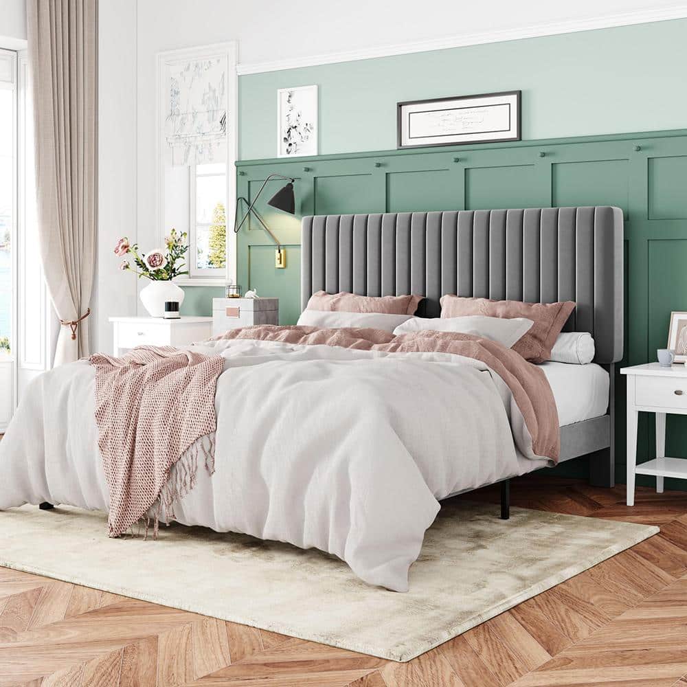 13.6 in. Gray Wooden Full Size Platform Bed Frame with Headboard price history on PriceWatchPro