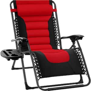 Red Polyester Mesh Folding Outdoor Patio Recliner, Anti Gravity Lounger for Backyard, Cup Holder, Side Tray