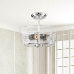 Ingo 12 in. 2-Light Polished Nickel Modern Entryway Semi-Flush Mount with Clear Ribbed Glass Shade