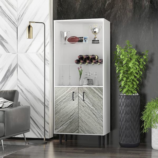 GODEER White Cabinet with 2-Doors and 3-Open Shelves Modern