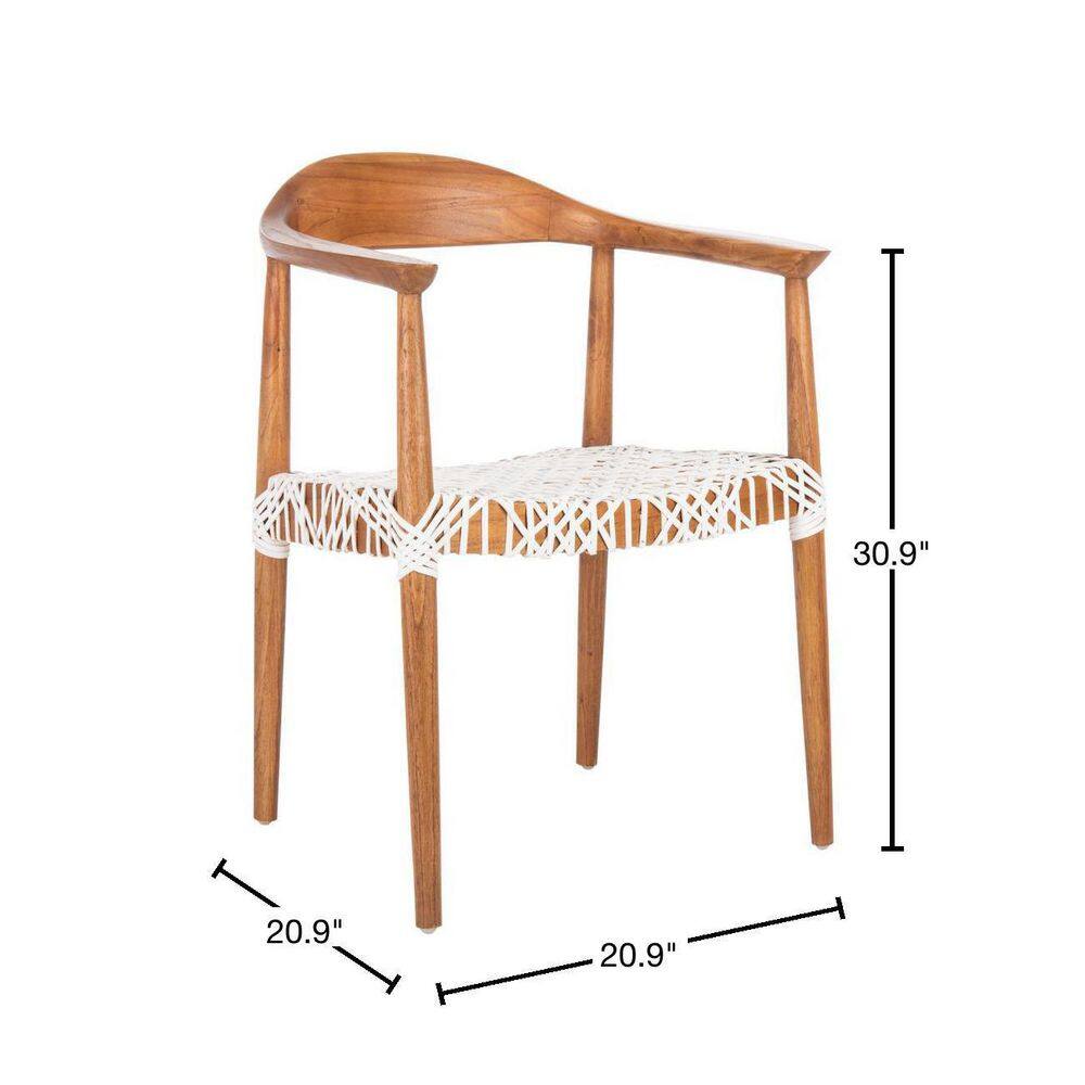 Natural Mindi Wood and White Leather Woven Accent Chair