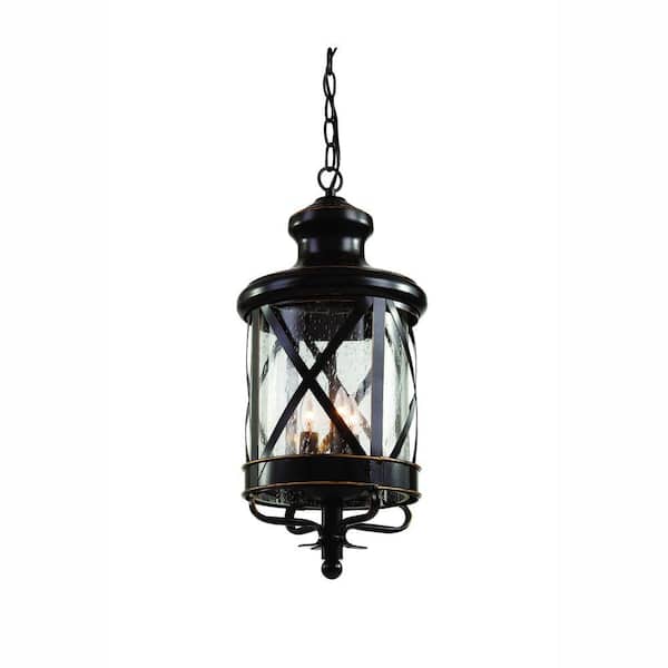 Bel Air Lighting Chandler 3-Light Oiled Bronze Outdoor Pendant Light Fixture with Seeded Glass