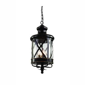 Chandler 3-Light Oiled Bronze Outdoor Pendant Light Fixture with Seeded Glass