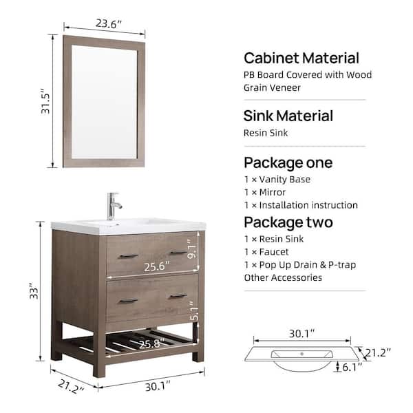 30.1 in. W x 21.2 in. D x 33 in. H Single Sink Bathroom Vanity in Burlywood with Vanity Top and Mirror