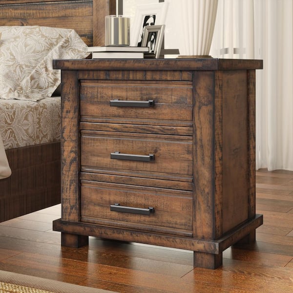 Elton Farmhouse Brown 24.75 in. H Nightstands with 3 Drawer, Natural