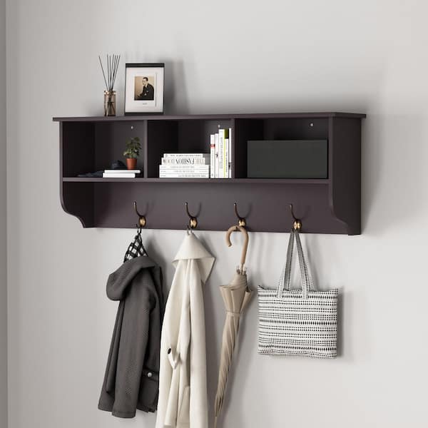 Entryway Wall Mounted Coat Rack with 4 Dual Hooks Living Room Wooden Storage Shelf in Espresso