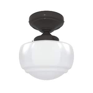 Saddle Creek 6.75 in. 1-Light Noble Bronze Semi-Flush Mount with Cased White Glass Shade