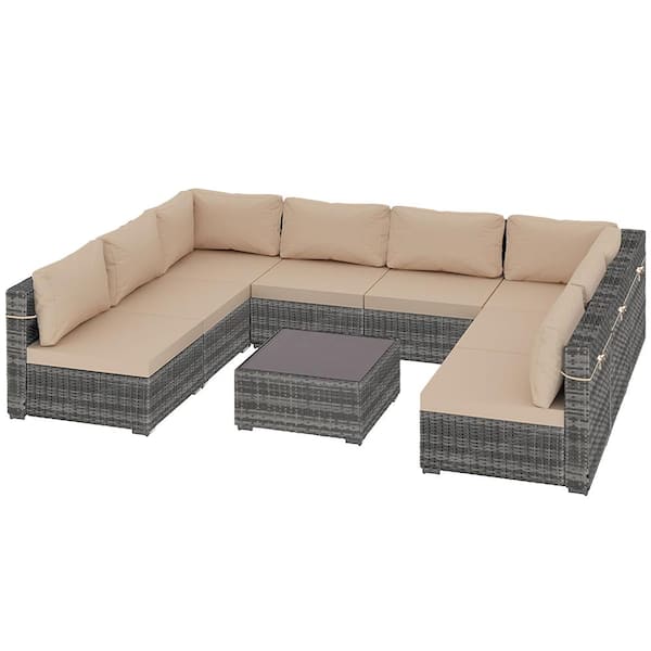 PATIOGUARDER 9-Piece Gray Wicker Patio Conversation Set with Beige Cushions and Coffee Table