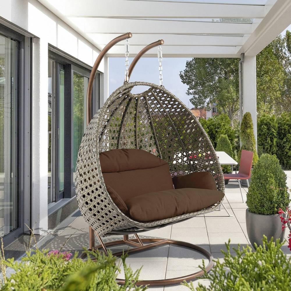Brown Wicker 2-Person Hanging Egg Chair with Cushions