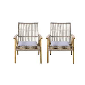 Hilo Acacia Wood Outdoor Patio Club Chair, Mixed Brown Wicker Finish with Light Grey Cushions (2-pack)