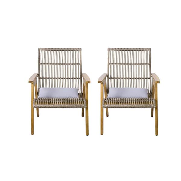 Noble House Hilo Acacia Wood Outdoor Patio Club Chair, Mixed Brown Wicker Finish with Light Grey Cushions (2-pack)