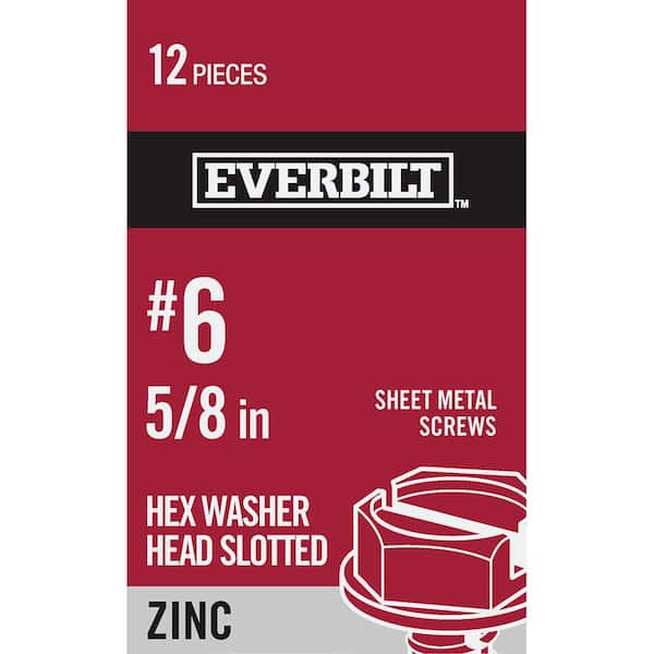 Everbilt #6 x 5/8 in. Zinc Plated Slotted Hex Head Sheet Metal Screw (12-Pack)
