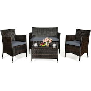 4-Pieces Wicker Outdoor Patio Conversation Set Rattan Sofa Set with CushionGuard Gray Cushions and Glass Table