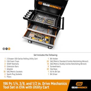 1/4 in., 3/8 in. and 1/2 in. Drive Mechanics Tool Set in EVA with 32 in. Rolling Utility Cart (192-Pieces)