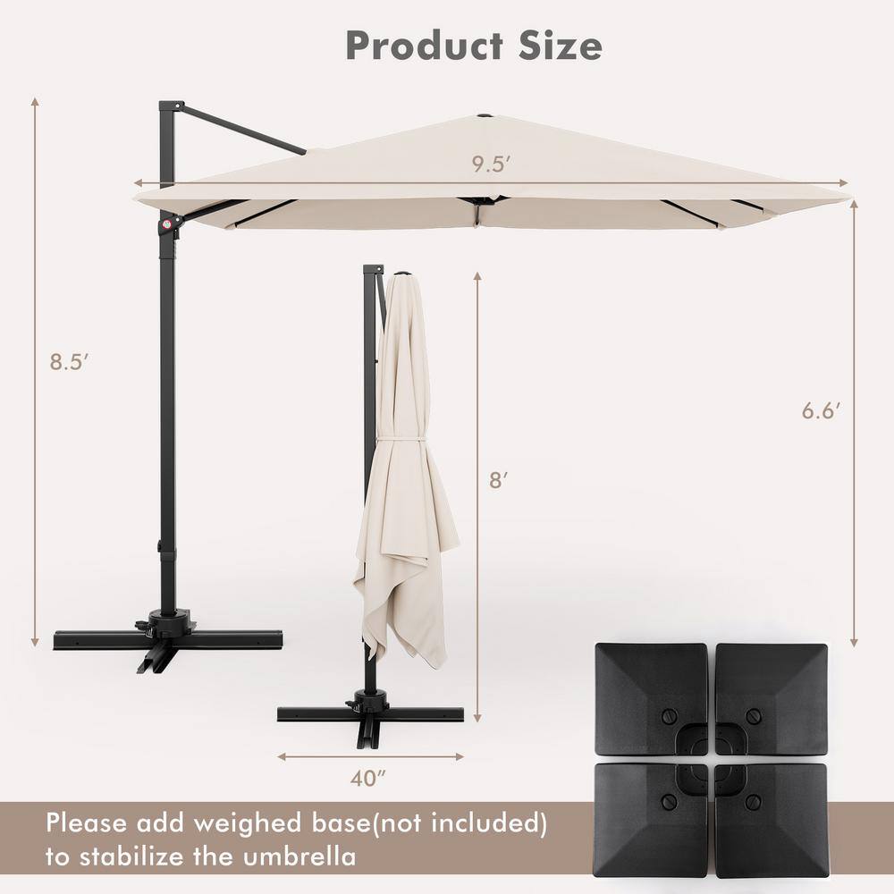 Beige 9.5FT Cantilever Patio Umbrella with 360° Rotation and Double Vented Top