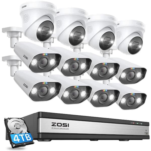 ZOSI 4K UHD 16-Channel POE 4TB NVR Security Camera System with 12 8MP Wired Spotlight Cameras, 2-Way Audio, 24/7 Recording