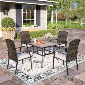 Black 5-Piece Metal Patio Outdoor Dining Set with Wood-Look Square Table and Rattan Chairs with Beige Cushion