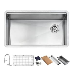Workstation 16-Gauge Stainless Steel 32 in. Single Bowl Tight Radius Undermount Kitchen Sink with Faucet
