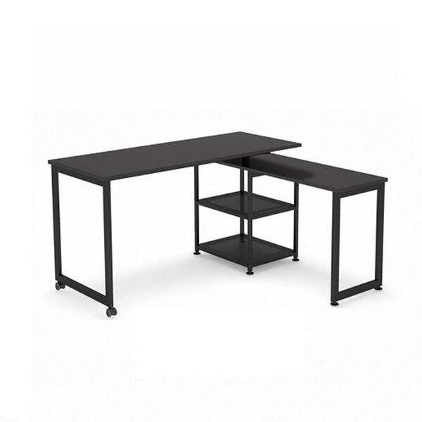 BYBLIGHT Lanita 55 in. Reversible L-Shape Black Particleboard Wood 360° Free Rotating Computer Desk with Storage Shelves